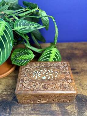 Vintage Hand Carved Wooden Jewelry Box with Bone Inlay and Blue Lining